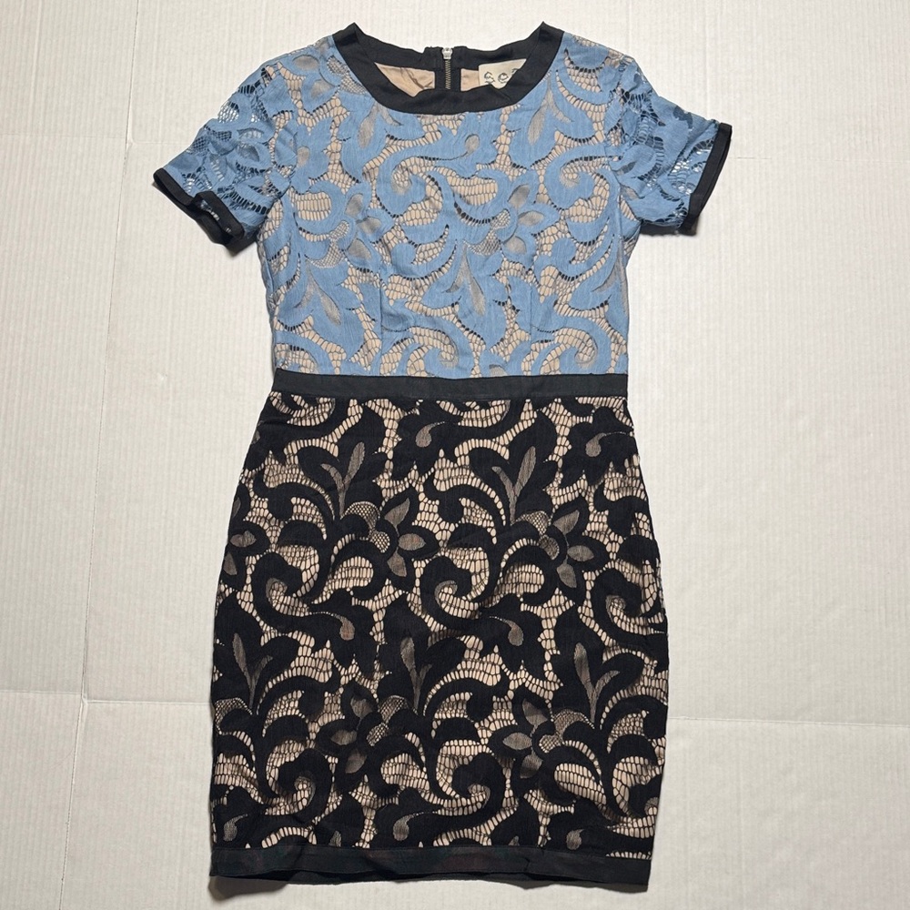 SEA New York Light Baby Blue‎ Black Lace Overlay Mini Dress Ribbon Trim Size 4